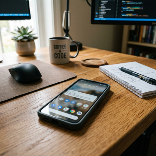 Smartphone on desk with blurred verification notification